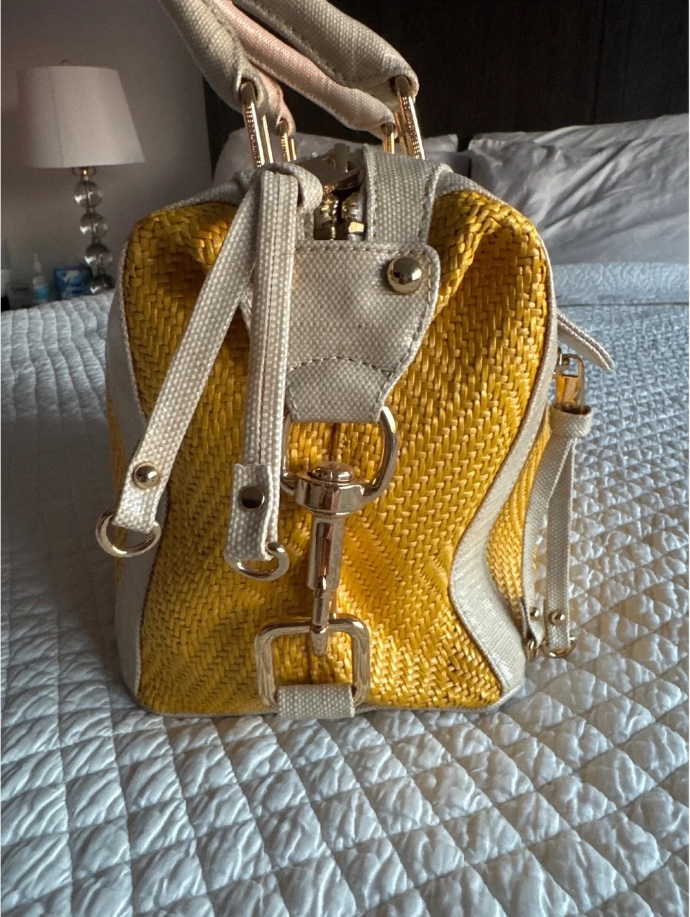Rebecca Minkoff Yellow Woven Straw and Beige Leather Satchel Handbag